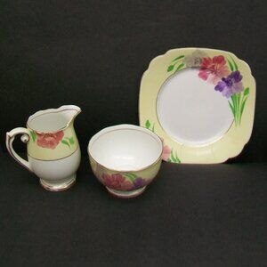 3 Pc Lot ROSLYN CHINA Hand Painted ENGLAND Square Dessert Plate Creamer Sugar